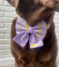 Image 5 of Personalised Tulips Dog Bow - Handmade Mint Green or Lilac with Spring Tulips Design