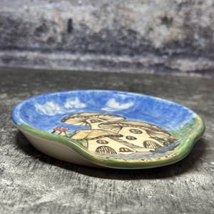 Image of Stoneware Spoon Rest - Charming Mushrooms with Gnome on a Handmade Spoon Rest
