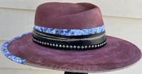 Image 3 of Handmade Torch Burned Wine Fedora Hst, Roses, Feathers & Pin-Up Girl