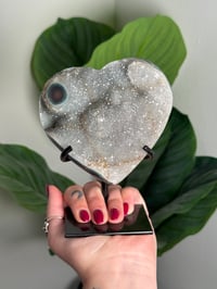 Image 1 of AGATE X AMETHYST STALACTITE HEART ON CUSTOM STAND -URUGUAY- J