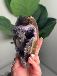 Image 5 of AMETHYST ON A CUSTOM STAND WITH A PERFECT SUGAR COATED CALCITE POINT -URUGUAY-