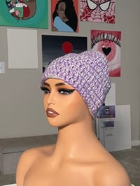 Image 1 of Purple & Gray Mix Fitted Crochet Beanie
