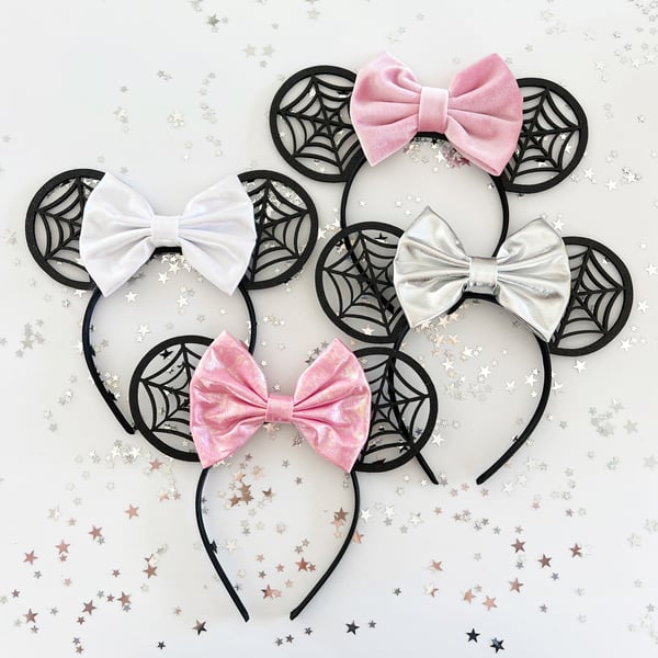 Image of Spiderweb Mouse Ears with Pink, Silver and White Bows