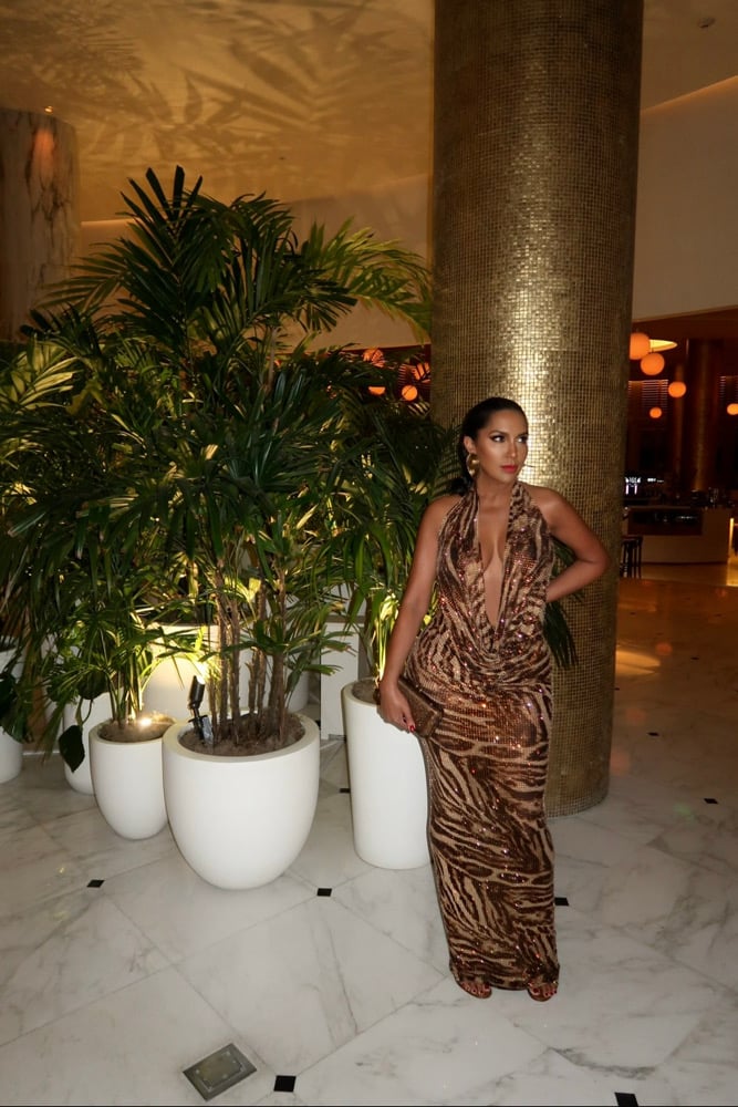 Image of LEOPARD PRINT COWL NECK RHINESTONE MAXI DRESS (M)