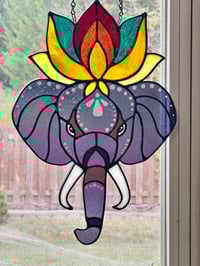 Image 3 of Elephant & Lotus Stained-Glass Suncatcher - Colorful Lotus Flower Window Hanging Art Decor