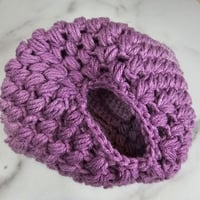 Image 3 of purple ponytail crocheted hat