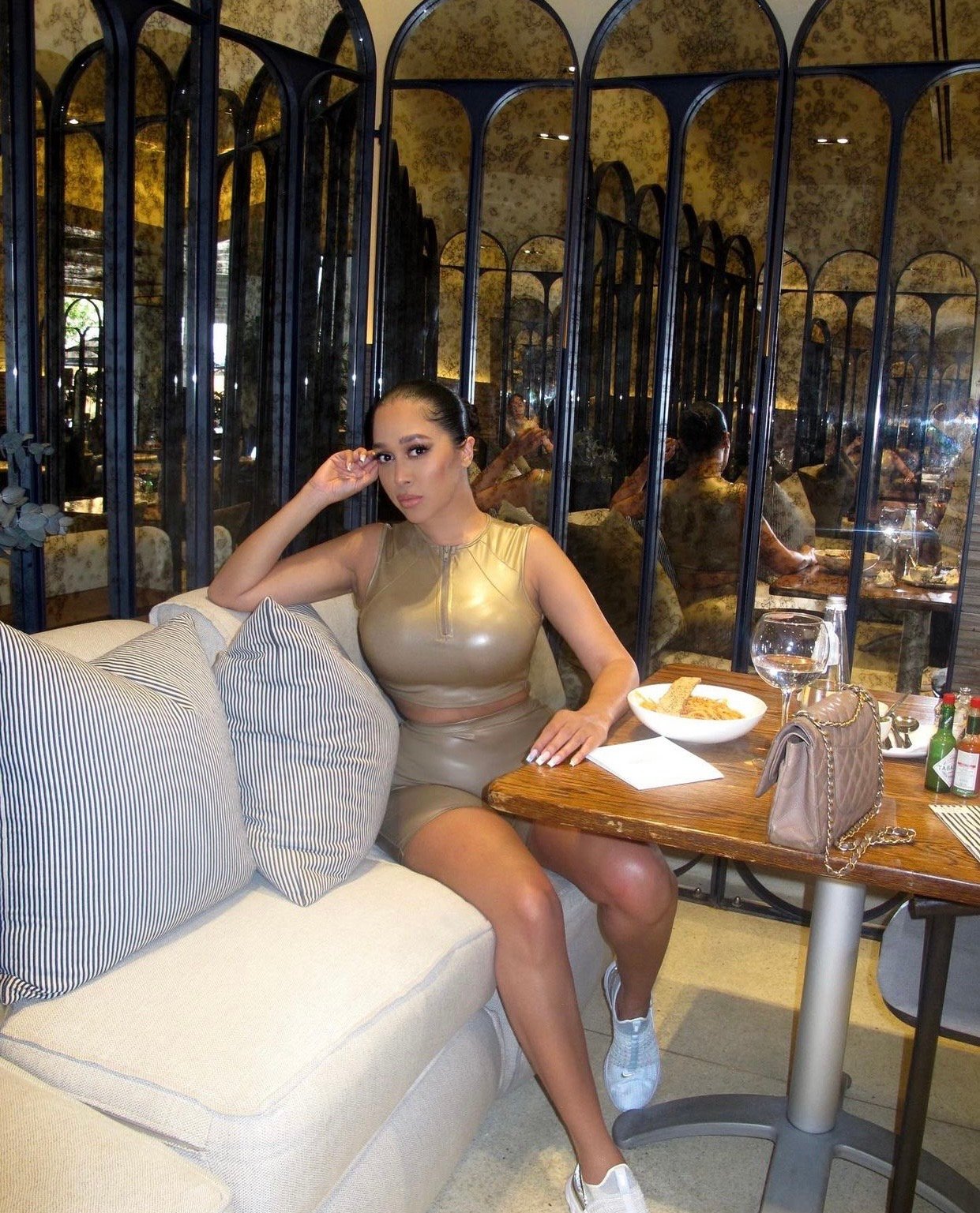 Image of BEIGE COATED LEATHER CROP TOP & BIKER SHORT SET (MEDIUM)