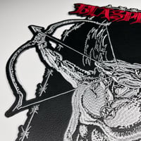 Image 2 of Blasphemy - Fallen Angel Of Doom... *COFFIN SHAPED* Embroidery On Faux Leather Back Patch