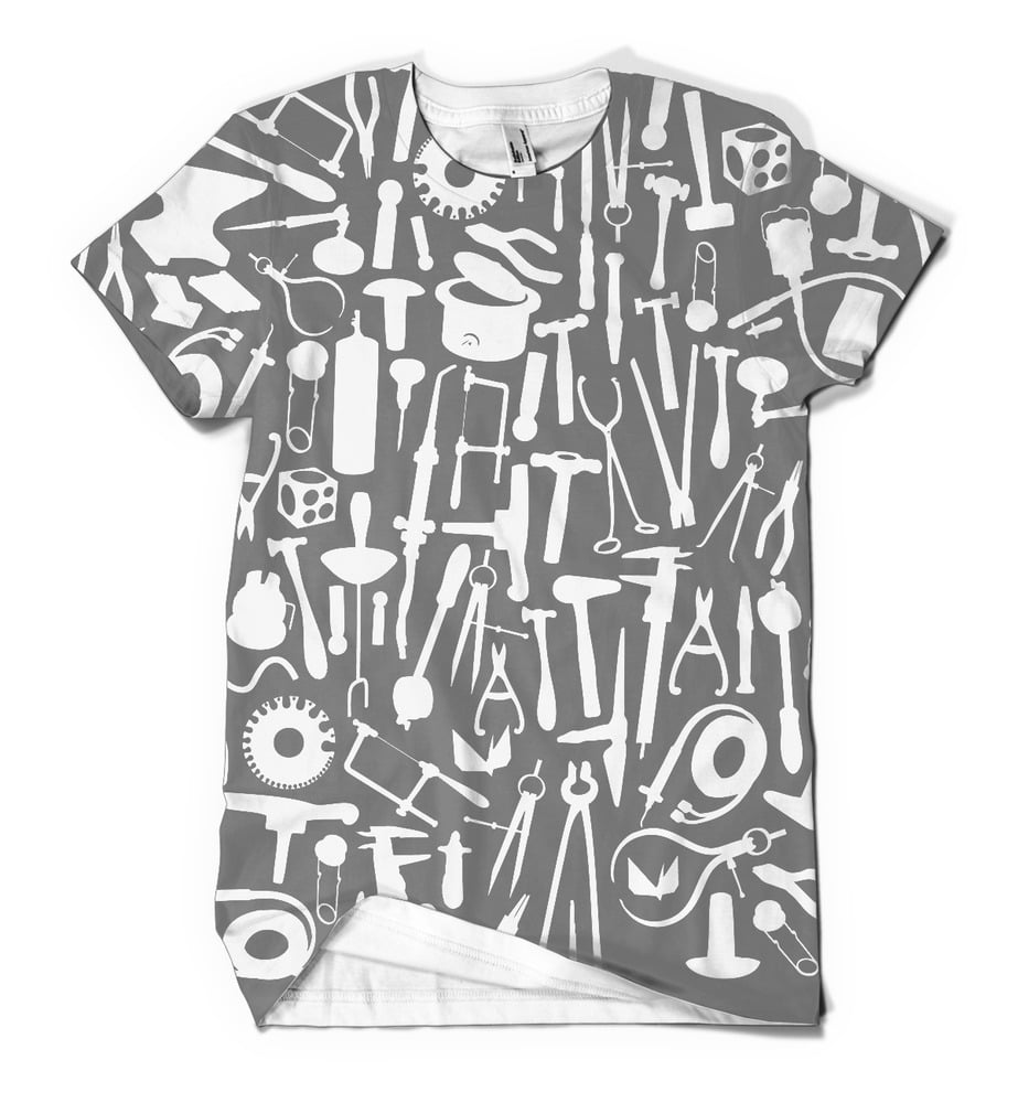 Image of Metals tools: white tools on gray background on white shirt