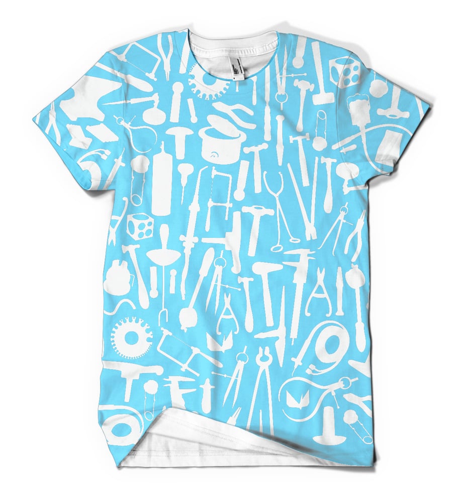 Image of Metals tools: white tools on baby blue background on white shirt