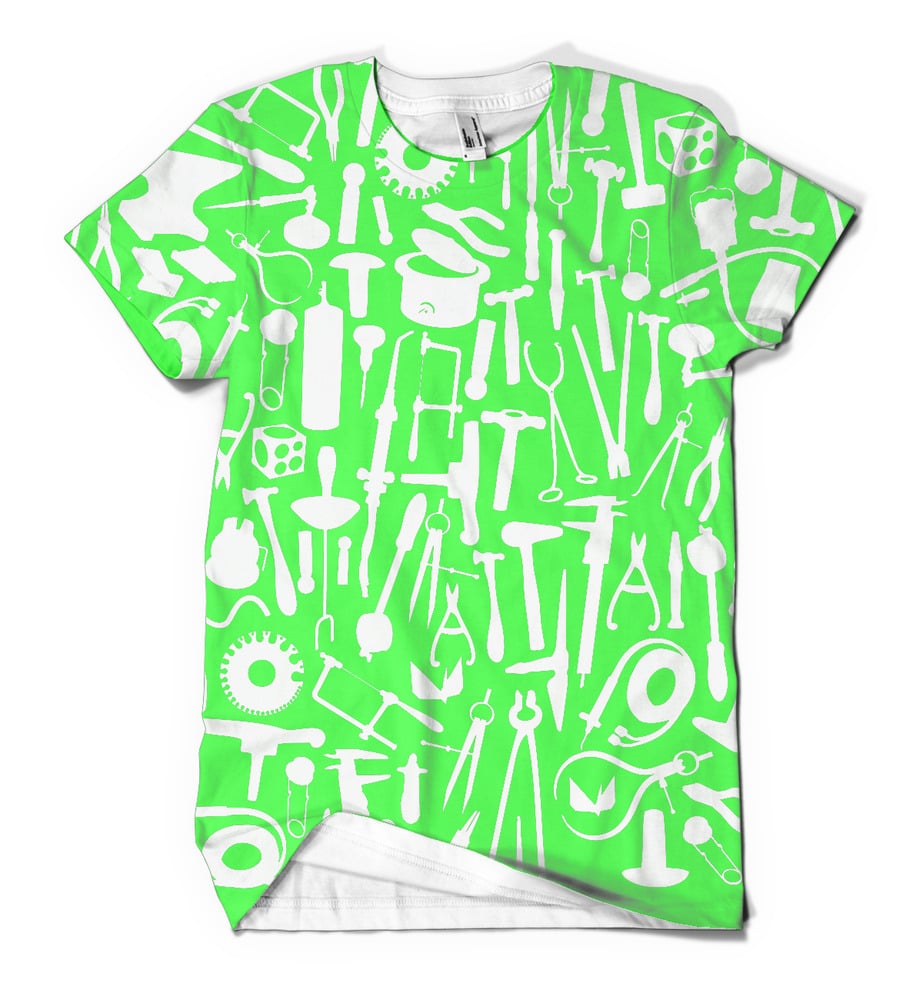 Image of Metals tools: white tools on green background on white shirt