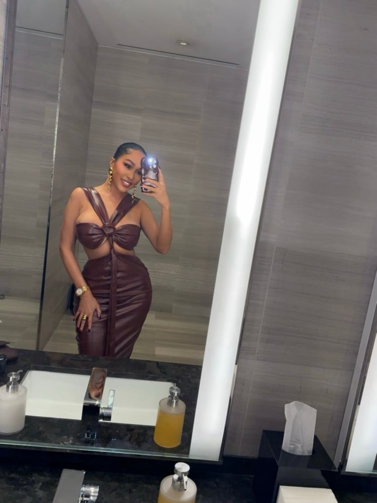 Image of BURGUNDY FAUX LEATHER CUTOUT MIDI DRESS (S/M)