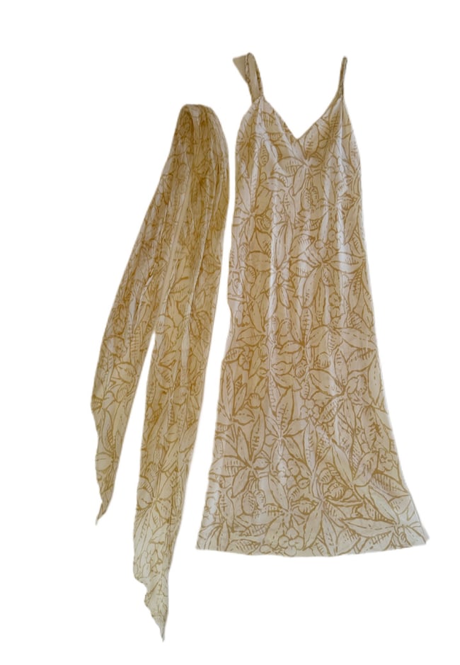 early 70s Halston silk dress and scarf floral leaf slipdress designer 