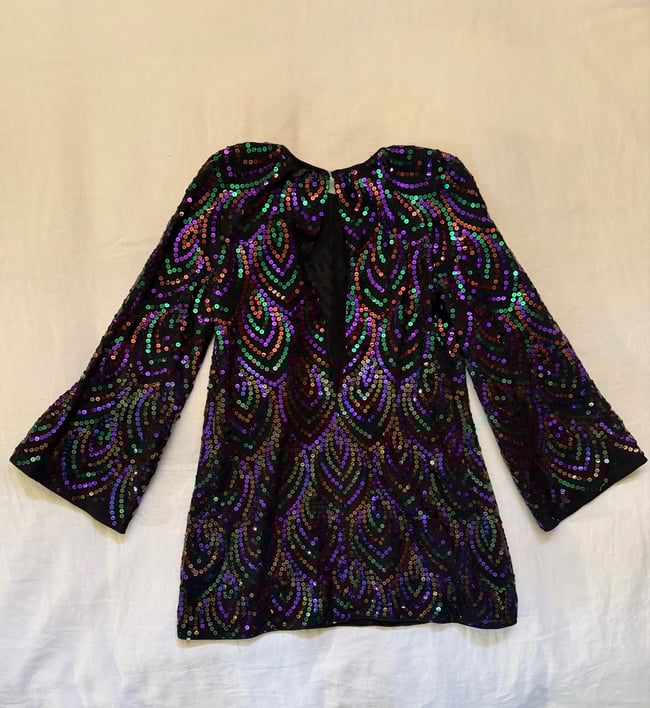 mid 1970s HALSTON sequin silk keyhole mini dress designer