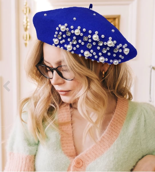 Image of Pearl Stone Embellished Wool Blend Beret HatS