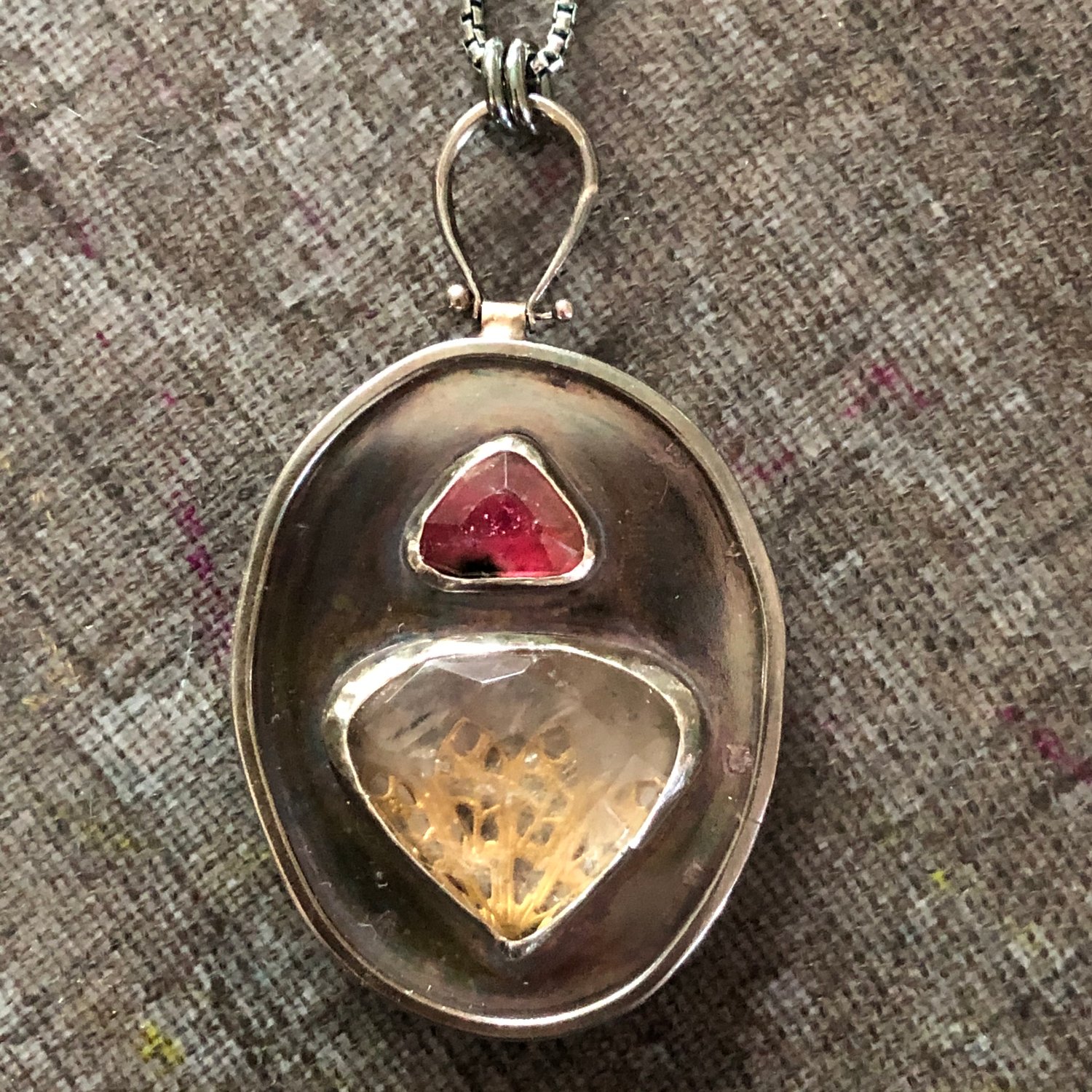 Image of Pink Tourmaline, Quartz, & Brass Filigree Necklace