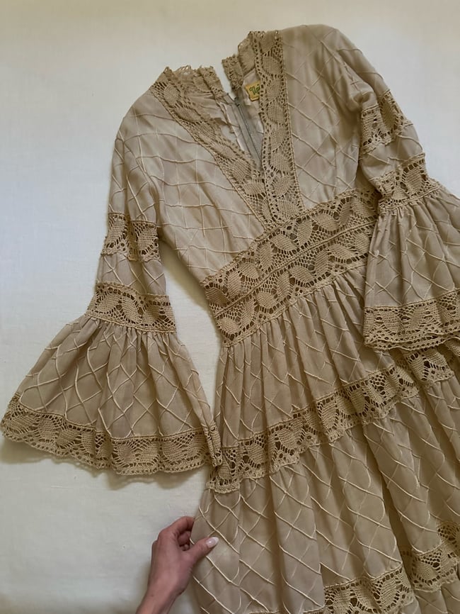 early 1970s Mexican pintucked fan sleeve cotton wedding maxi dress