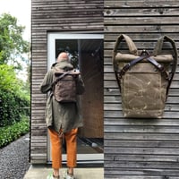 Image 1 of Field tan backpack medium size rucksack in waxed canvas, with volume front pocket and double layered