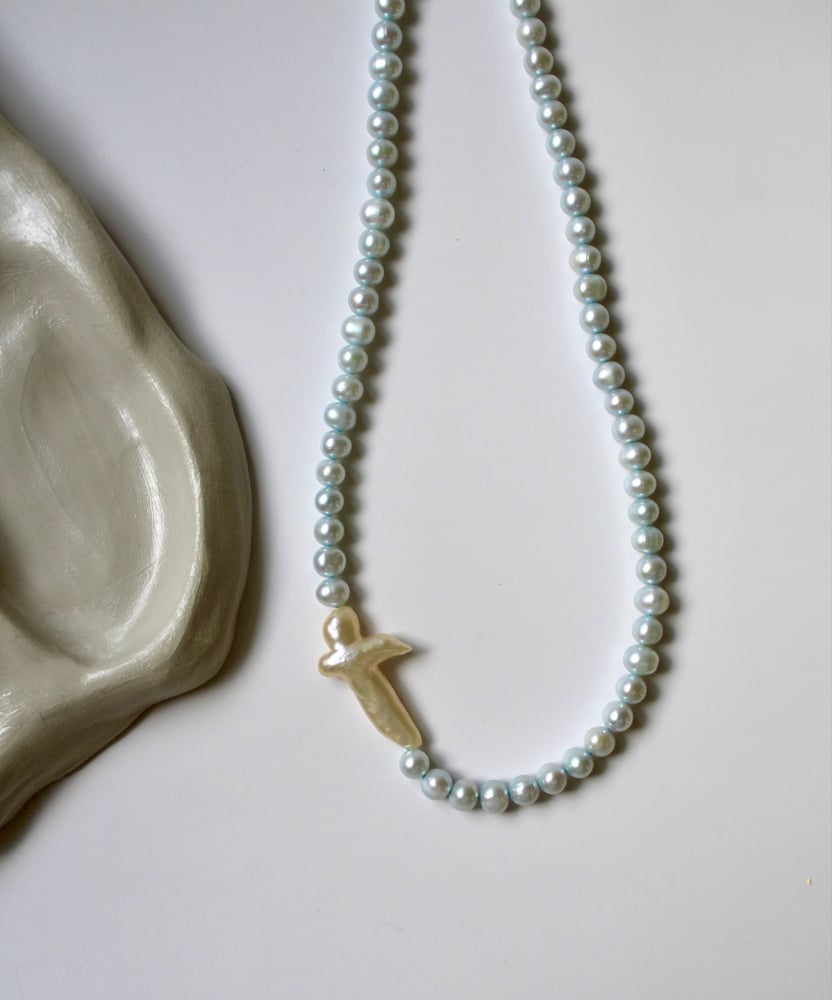 Image of Baby blue cross pearl necklace 