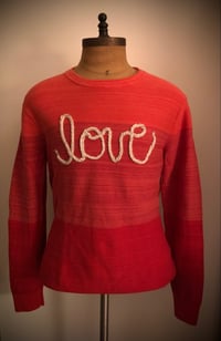 Image 2 of Upcycled “love” cursive yarn sweater in tri-color red