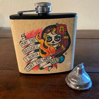 Image 3 of Day of the Dead Flask “May The Bridges I Burn” Tattoo Art 6 Oz