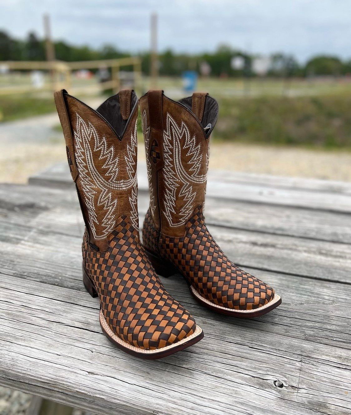 Men s Hand Woven Brown Tan Wide Square Toe Boots