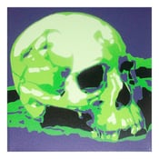 Image of "Green Skull" Stencil Painting on 6" x 6" Box canvas.