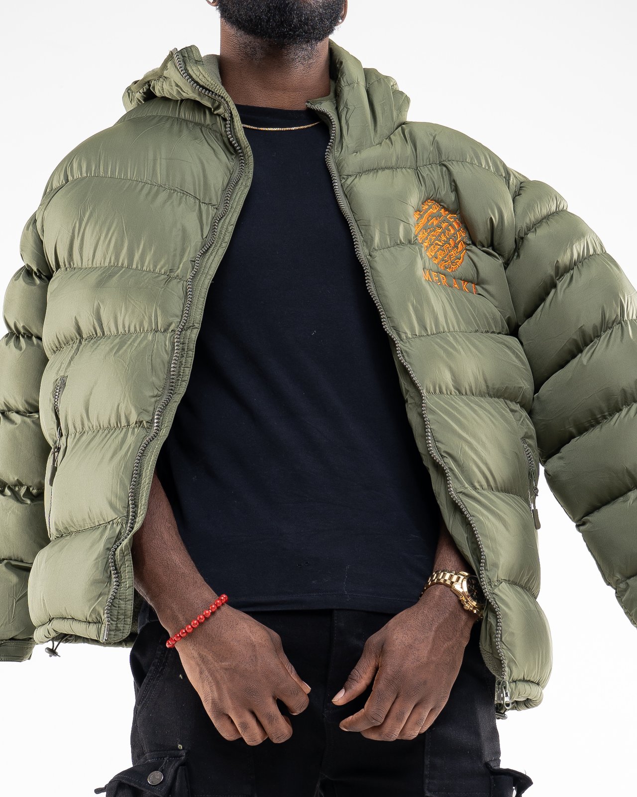 Green and 2025 orange puffer jacket