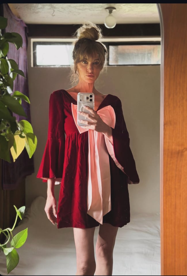 late 1960s jeweltone ruby velvet and satin trumpet sleeve mini dress with huge bow