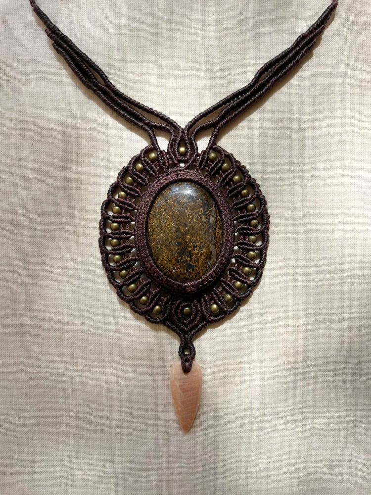 Image of Macrame necklace with bronzite and peach amazonite