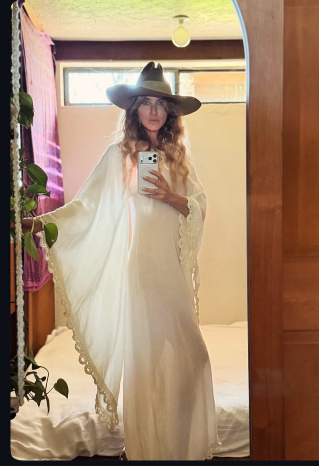 late 60s white gauze maxi dress with massive angel sleeves and crochet 