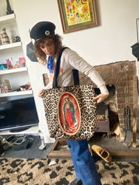 Image 1 of Virgin of Guadalupe leopard shoulder tote bag with choice of 2 