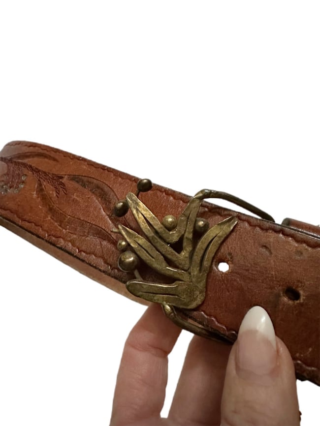 70s hanscrafted leather tooled belt with artisan brutalist buckle