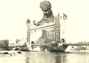 Image of Godzilla Gaia at Tower Bridge Pop Surreal SteamPunk High Quality Silkscreen Print Art Surrealism