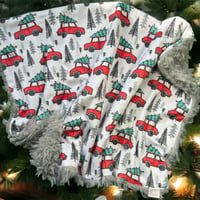 Image 1 of Holiday Red Trucks and Pine Trees Infant Car Seat Blanket