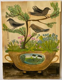 Landscape dish with forget-me-nots and birds 