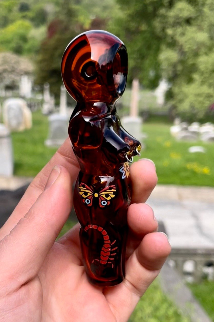 Amber Body Pipe with Nipple Rings and Tattoo Decals