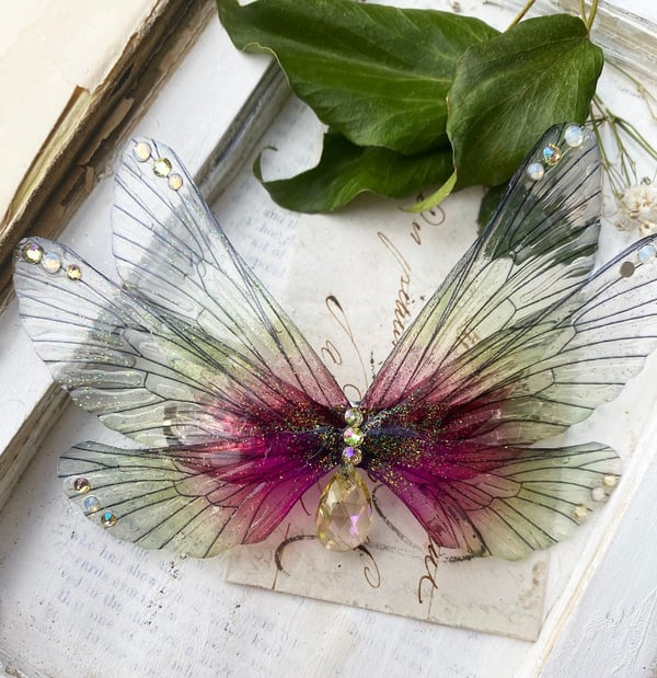 Image of Magical Green And Pink Faerie Wing Hair Clip Brooch