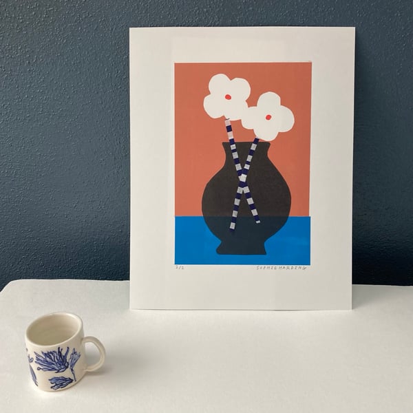 Image of Two White Flowers handmade print