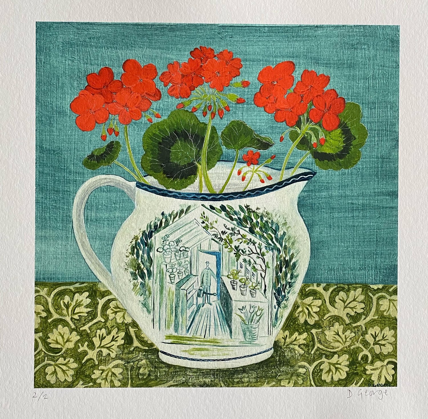 Image of Greenhouse jug and Geraniums Giclee print 