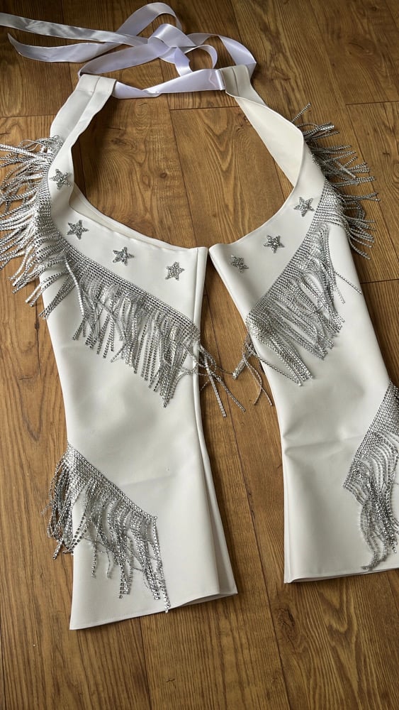 handmade White faux leather chaps and rhinestone trim and stars