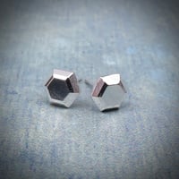 Image 2 of Handmade sterling silver hexagon gem faceted stud earrings. Minimal faceted studs 925