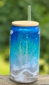 Glass can tumbler with bamboo lid and straw. 12oz