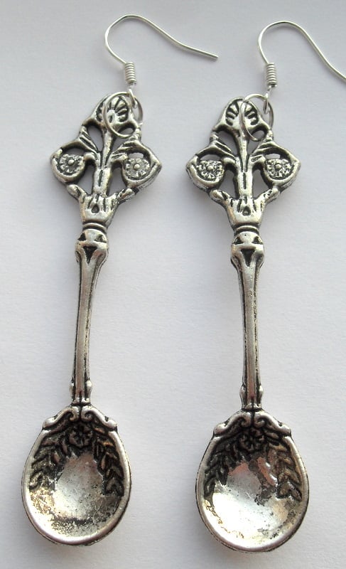 Image of Alice in Wondeland Silver Snuff Spoon teaspoon Earrings 