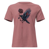 Image 3 of Women's Relaxed T-Shirt, Gothic Raven With Bleeding Red Rose Tee