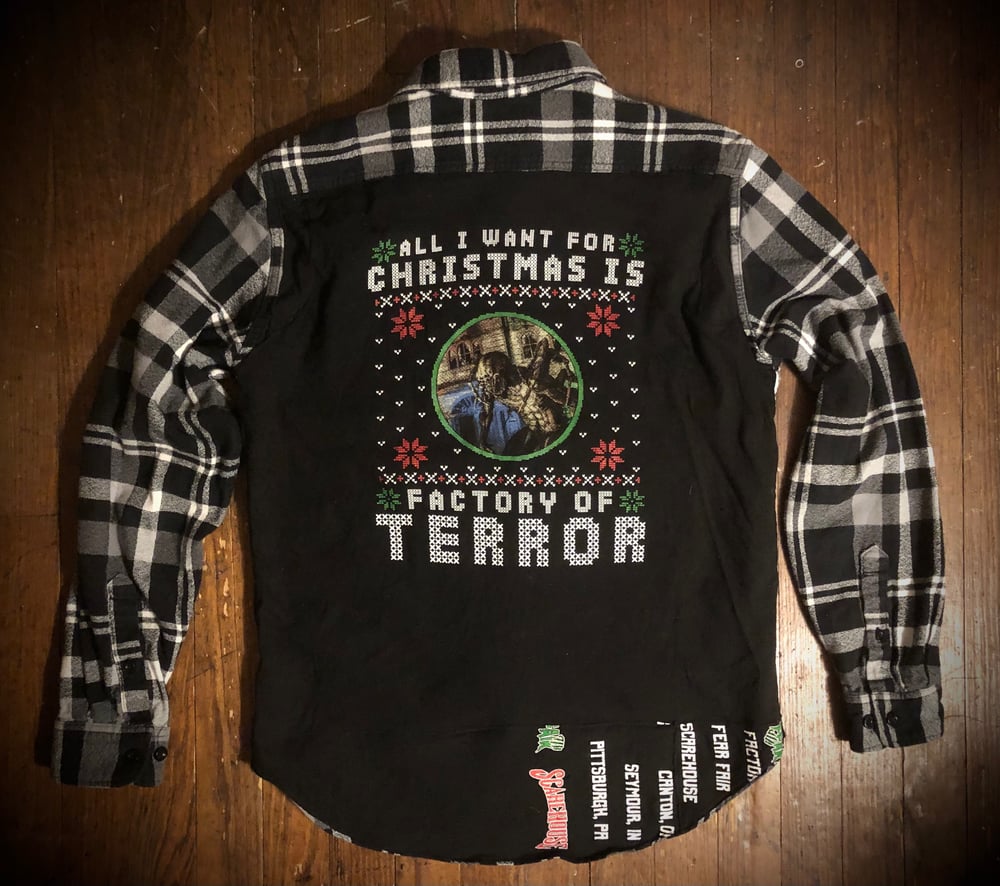 Upcycled “Factory of Terror/Christmas” t-shirt flannel