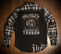 Image 1 of Upcycled “Factory of Terror/Christmas” t-shirt flannel