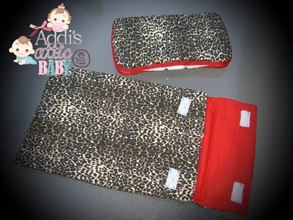 Image of Cheetah Print Diaper SET- Diaper Bag holds 4-6 daipers & Custom Wipe Case with ribbon trim