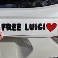 Image 1 of Free Luigi glossy white bumper sticker with chunky black text and heart graphic