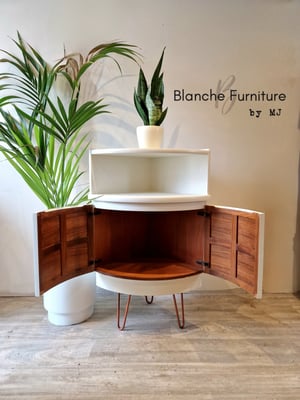 Image of Nathan Corner Drinks Cabinet in white on Copper hairpin legs - Available Now